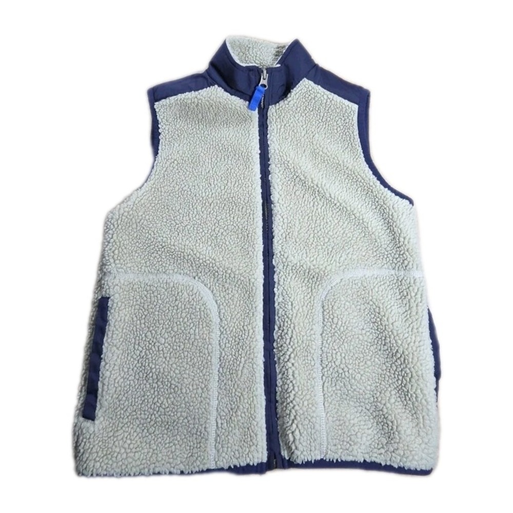 LANDS END Boys Cream Color Sherpa Navy Trim Vest Zip Front & Pockets Size Small